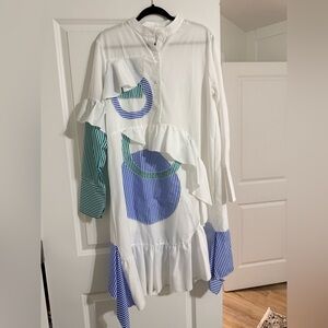 White Dress with Blue and Green Stripes